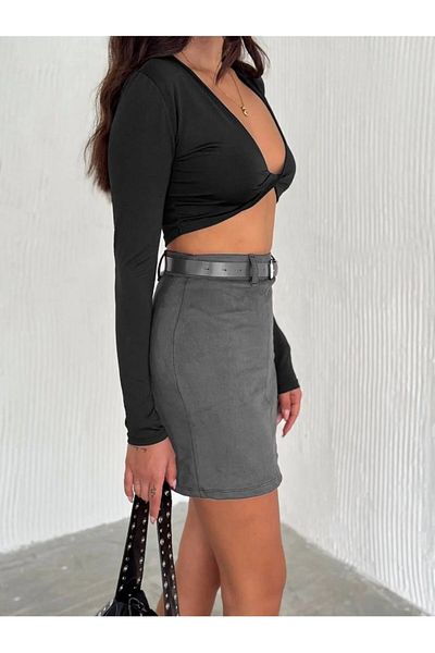 winmoda Suede Skirt with Belt - Simple Design Model