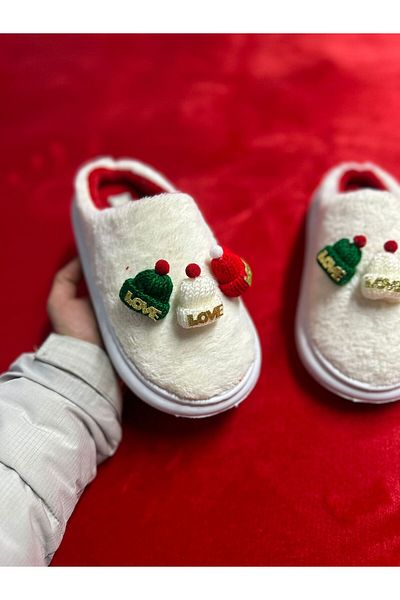 SAGİYEEK Red Santa Claus Design - Plush Front Closed Flat Slippers, Christmas New Year