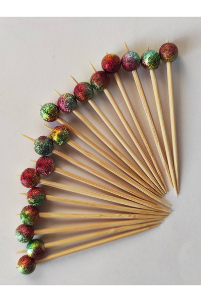 BEYHAN BAYHAN 50 Adet Dekoratif Kırmızı Geçişli Simli Boncuklu Kokteyl Kürdan...