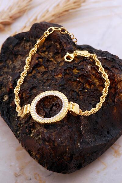 Sümer Telkari Çeyrek Çerçeveli Taşlı Halat Zincir Altın Kaplama Gümüş Bilekli...