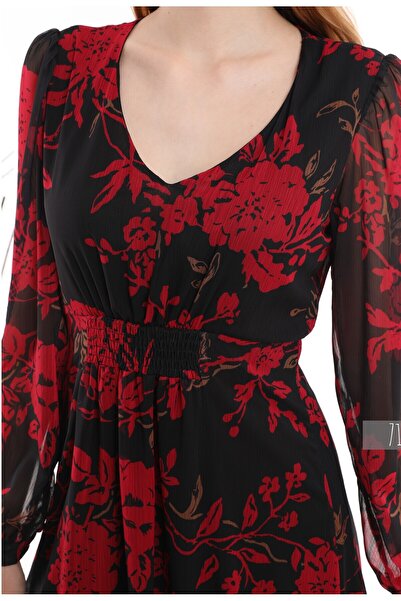 Miss Allos Γυναικείο μακρύ φόρεμα σιφόν με κόκκινο λουλουδάτο σχέδιο με επένδυση με λαιμόκοψη σε σχήμα V 714