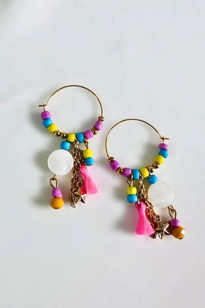 PETEK AKSESUAR Bohemian Ethnic Tassel Beaded Hoop Earrings