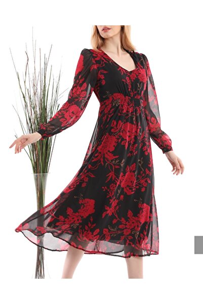 Miss Allos Γυναικείο μακρύ φόρεμα σιφόν με κόκκινο λουλουδάτο σχέδιο με επένδυση με λαιμόκοψη σε σχήμα V 714