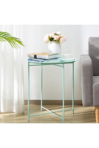 Taimi Modern Metal Round Folding Table, Nonslip Rubber, Portable Coffee Table, Green, 40x53x40cm