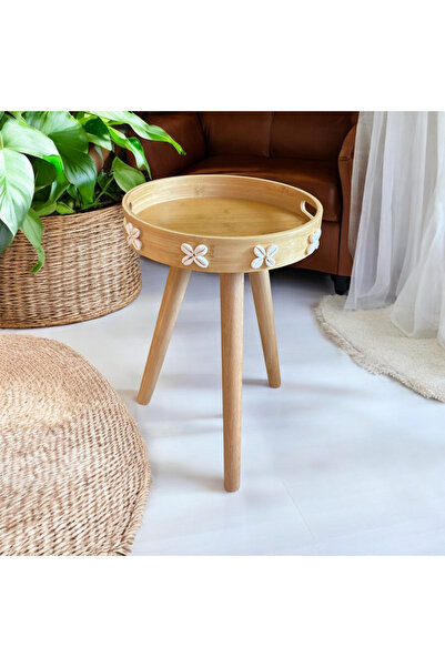 Toprak Design Bohem( 30cm) Ahşap deniz kabuklu tasarım yan sehpa, Bambu zigon...