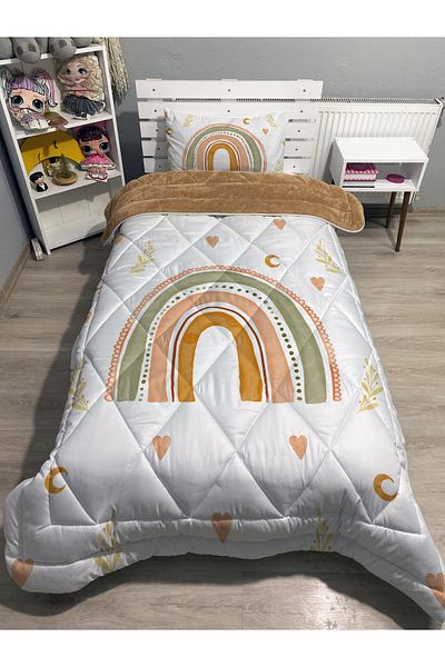 yok yok evim eve dair her şey Welsoft Fluffy Double Sided Rainbow Patterned Single Duvet Sleeping Set