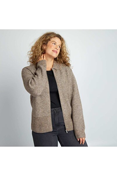 KIABI كارديجان بياقة بولو وسحّاب باللون البني