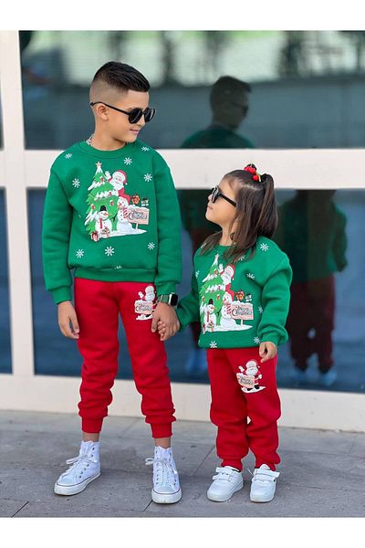 sinmm Yilbası Christmas Sister Combo - Unisex Children's Bottom-Top Set, 3 Thread Raised Fabric