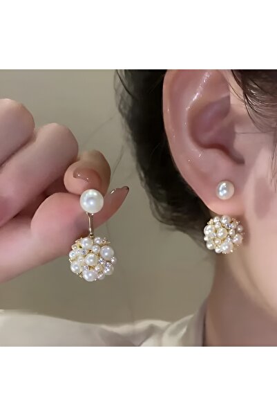 NeednStore Kadın Inci ve Zirkon Detaylı Alt Üst Takımlı Tasarım 925 Ayar Gümüş Üzerine Altın Kaplama Küpe