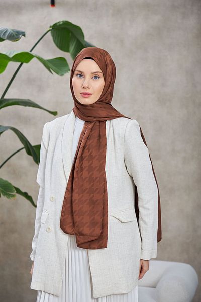 İpekhan Neo Houndstooth Pattern - Silky Jacquard Shawl, Bitter Brown 9010-11