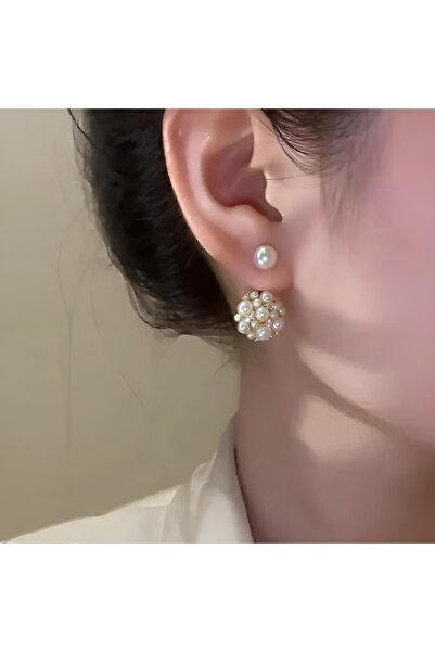 NeednStore Kadın Inci ve Zirkon Detaylı Alt Üst Takımlı Tasarım 925 Ayar Gümüş Üzerine Altın Kaplama Küpe