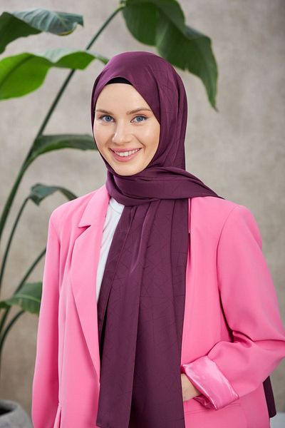 İpekhan Leola Patterned - Silky Jacquard Purple Shawl Eggplant 9009-18