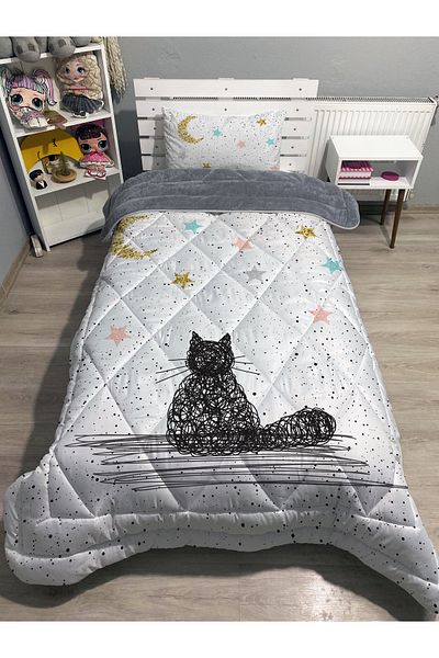 yok yok evim eve dair her şey Σετ ύπνου Welsoft Fluffy Διπλής Όψης CAT AND STARS με μοτίβο μονό πάπλωμα
