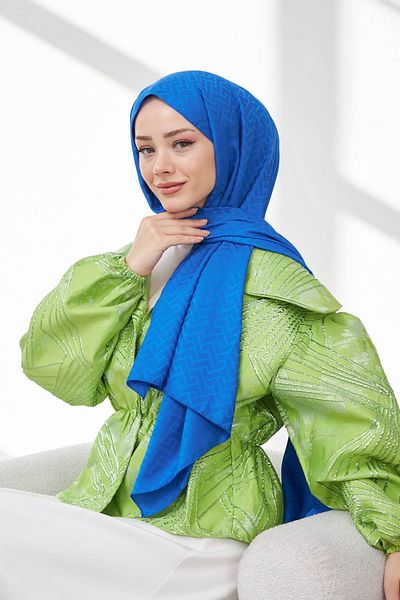 İpekhan 9004-12 Model Saks Blue Lego Patterned Silky and Jacquard Shawl
