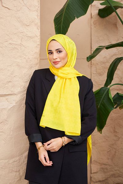 İpekhan Yellow Silky Jacquard Cross Pattern Shawl - 9006-10