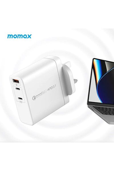 Momax One Plug GaN 140W 3-Port Fast Charger 2 USB-C and USB-A port - White