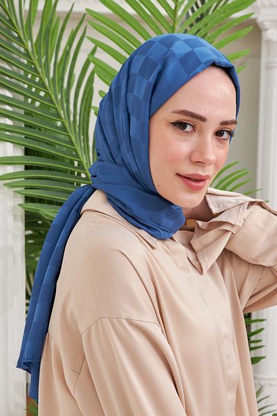 İpekhan Indigo Blue Jacquard Series - Μεταξωτό σάλι με σχέδιο σκακιέρας 9002-08