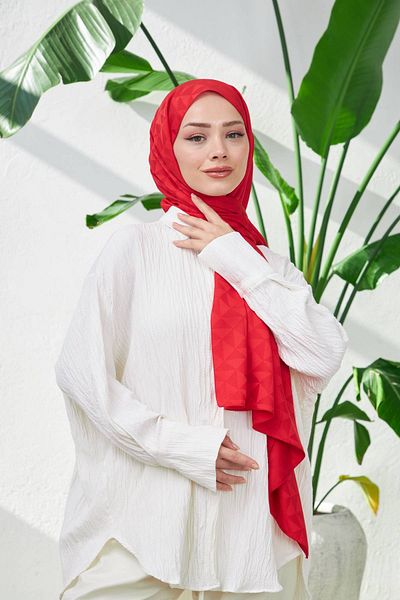 İpekhan Red Silky Jacquard Triangle Pattern Shawl - 9005-14