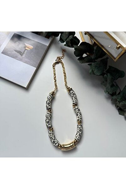 illys Gold Boru Plaka Detaylı Siyah Desen Zebra Kolye