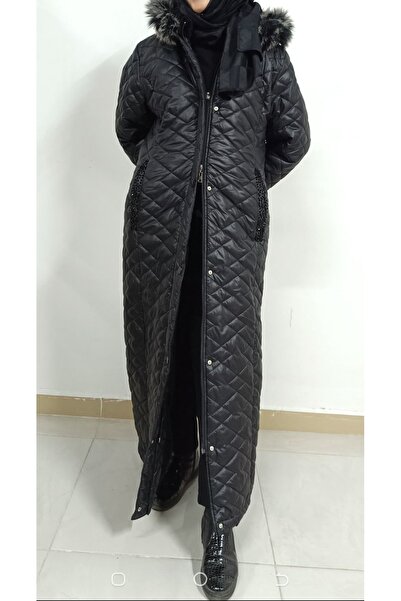 AKŞEN GİYİM BÜYÜK BEDEN KADIN TESETTÜRE UYGUN İÇİ KÜRK ASTARLI ÇIKABİLİR KAPÜŞONLU 135 cm TAM BOY TRENÇKOT KABAN