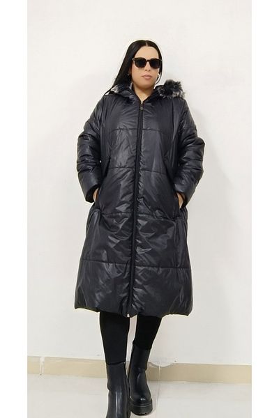 AKŞEN GİYİM Plus Size Women's Winter Fur Lined Padded Zipper Closure Fur Hood Coat