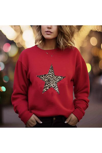 LA GULER Vestiti-Leopard Star Printed Crew Neck Oversize Hoodies Swetshirt