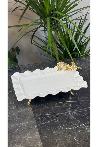 MAY HOME Rectangular Porcelain Metal Gold Pedestal Presentation Plate