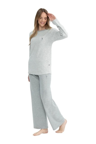 U.S. Polo Assn. US POLO LİSANSLI BİSİKLET YAKA YUMUŞAK DOKULU TERMAL KUMAŞ KADIN UZUN KOLLU PİJAMA TAKIM