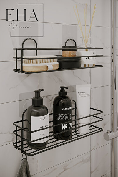 EHA HOME 2li Set Siyah Şampuanlık Banyo Düzenleyici Yapışkanlı 4 Askılı Duş R...