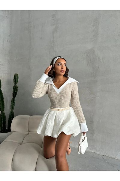 nosia fashion Pulover tricotat pentru femei cu guler polo lat, cu design tricotat