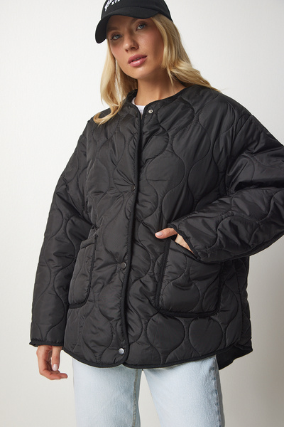 Lovelyİstanbul معطف أسود مبطن كبير الحجم - جيب، LDZ0011