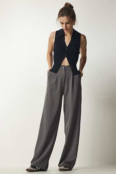 Lovelyİstanbul ΓΚΡΙ Πλισέ υφαντό παντελόνι - LUB0071