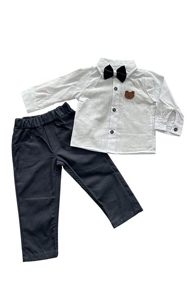 Hafez Kids Men's 2-Piece Suit with Lycra Pants, Bow Tie and Bear Crest, Plain Shirt
