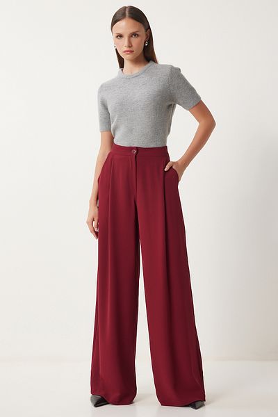 Lovelyİstanbul Burgundy Woven Palazzo Trousers - Pockets, Lul0017