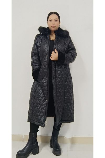 AKŞEN GİYİM Plus Size Hooded Fur Detailed 105 cm Women's Coat