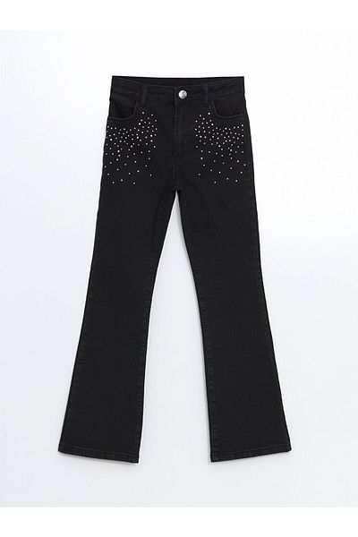 LC Waikiki Lcw Kids Girls' Jeans Pants with Adjustable Elastic Waist and Stone Print