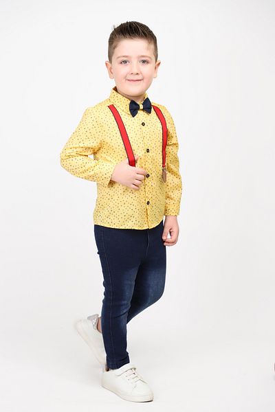 Hafez Kids Men's 2-Piece Suit with Denim Pants, Red Suspender and Bow Tie Patterned Shirt