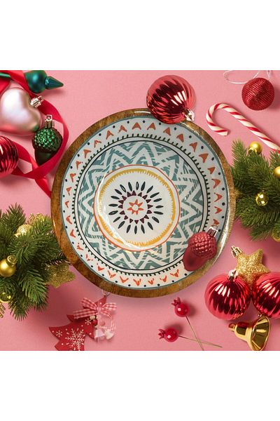 Home Aztec Patterned Mixed Color Wooden Bowl - 20X20X8Cm