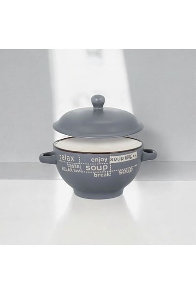 Home Ceramic Brown Soup Bowl with Handle and Lid, 650ml, 14X8
