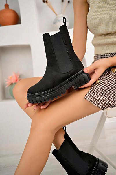 Scarpebutik Leather Fur Lining Winter Waterproof Black Suede Side Elastic Lightweight Boots Thick Sole Non-Slip Sole
