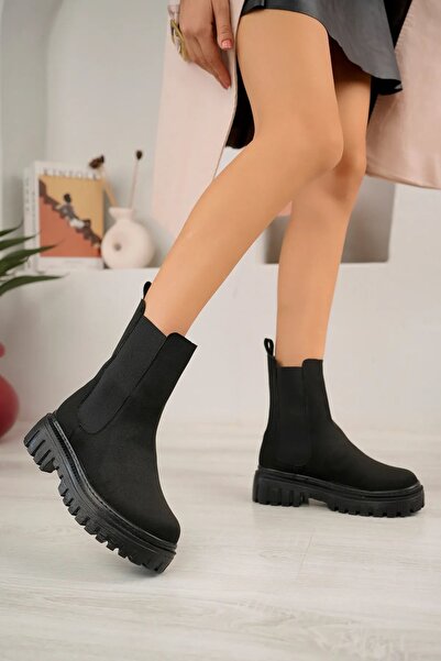 Scarpebutik Leather Fur Lining Winter Waterproof Black Suede Side Elastic Lightweight Boots Thick Sole Non-Slip Sole