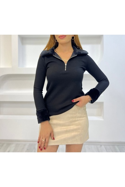 BUKETLİ Yaka ve Kol Kürk Detay Bluz