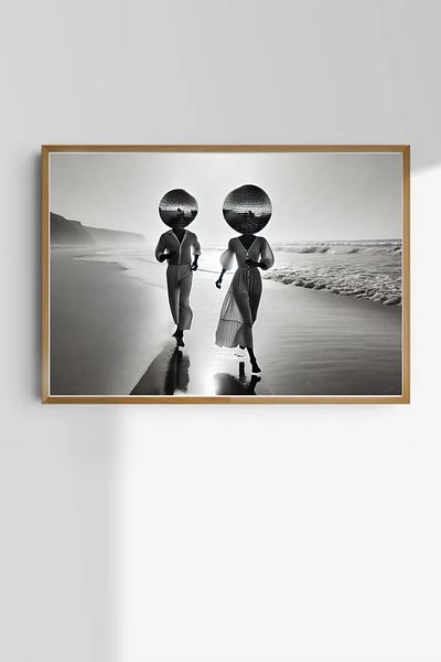 Taranist Poster Disco Ball Lovers Lovers in Black and White Beach