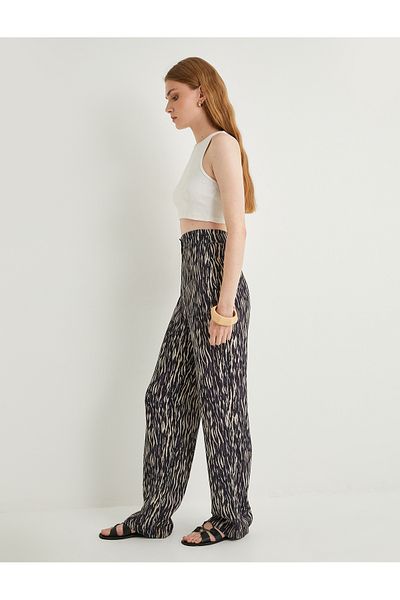 Koton Wide Leg Zebra Patterned Trousers Elastic Waist Viscose Fabric