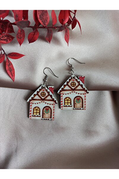 Yılbaşı Temalı Noel Evi Ahşap Küpe