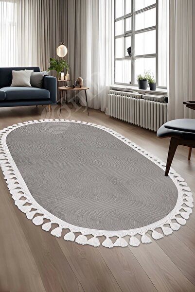 Dijidekor Avangard Oval Halı Sahra Gri Salon Koridor Antre Mutfak Halısı Sili...