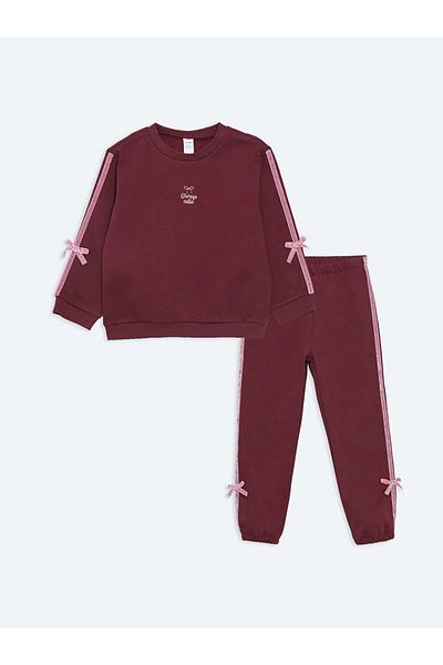 LC Waikiki Lcw Baby Burgundy Crew Neck Printed Girl's Tracksuit Set