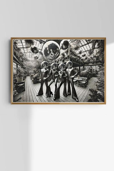 Taranist Poster Disco Ball Girls Black and White Tropical Botanical Retro Group
