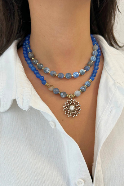 Suerte Accessories Mavi Akik ve Dantel Akik Doğal Taş Doğal Taş Kuyumcu İşi E...