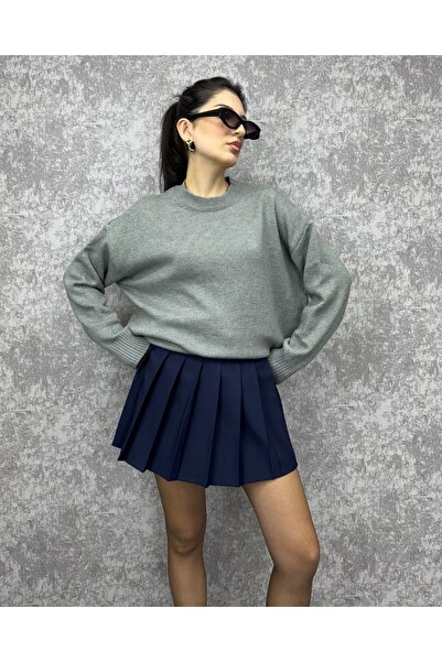 deqfashion Pulover de bază oversize gri cu guler rotund
